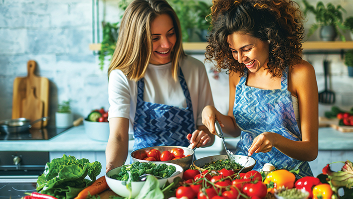 Two girls chopping vegetables